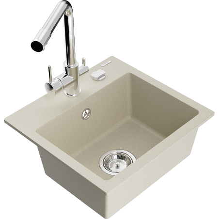 Mexen Milo 1-compartment granite sink with a kitchen mixer tap Duero, Beige - 6505-69-671600-00