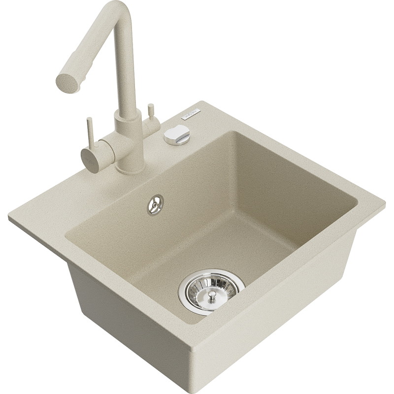Mexen Milo 1-Bowl Granite Sink with Duero Kitchen Faucet, Beige - 6505-69-671600-69
