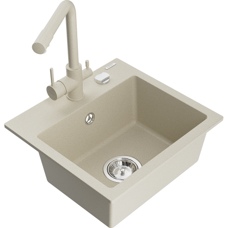 Mexen Milo 1-Bowl Granite Sink with Duero Kitchen Faucet, Beige - 6505-69-671600-69