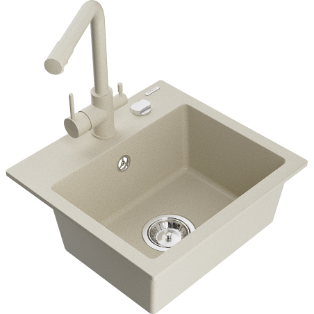 Mexen Milo 1-bowl granite sink with Duero kitchen tap, beige - 6505-69-671600-69