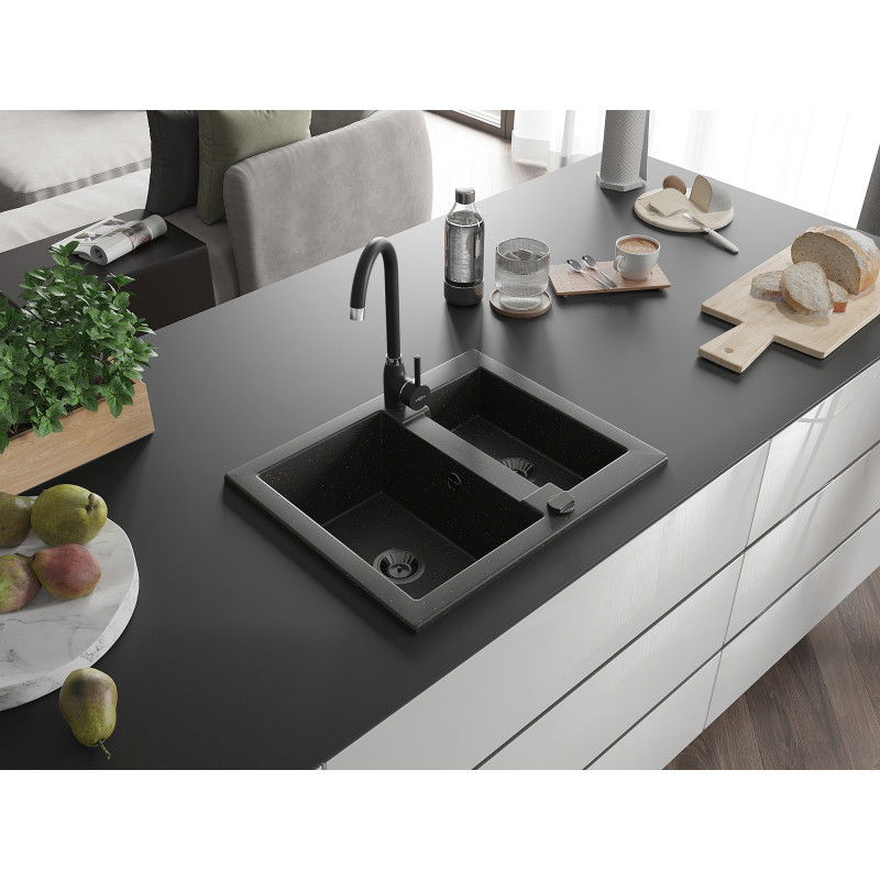 Mexen Carlos granite sink 1.5-bowl with Telma kitchen tap, black/gold metallic - 6518-75-670200-70-B