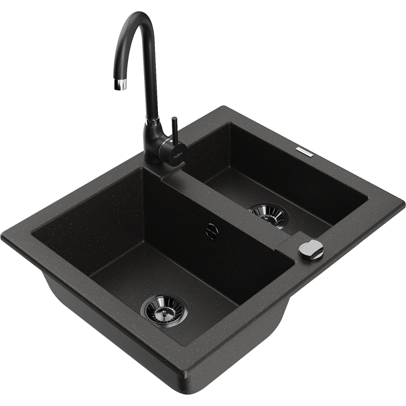 Mexen Carlos 1,5-compartment granite sink with a kitchen mixer tap Telma, Black/Gold metallic - 6518-75-670200-70-B