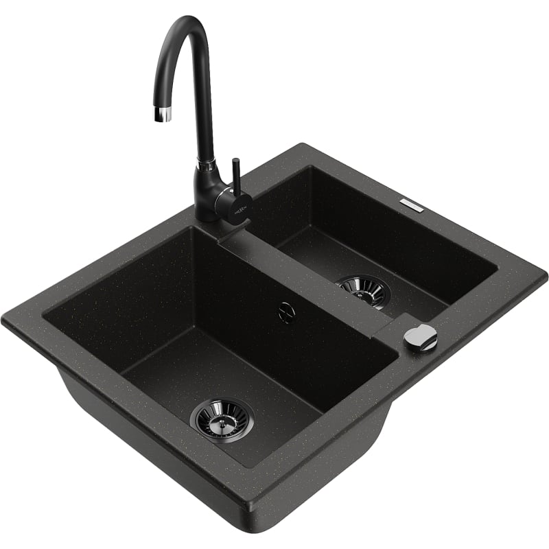 Mexen Carlos granite kitchen sink 1.5-bowl with Telma kitchen faucet, black/golden metallic - 6518-75-670200-70-B