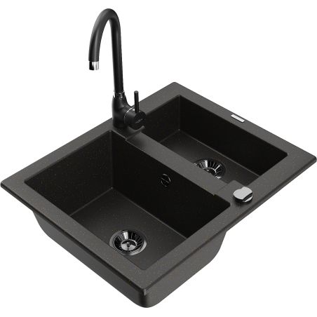 Mexen Carlos granite kitchen sink 1.5-bowl with Telma kitchen faucet, black/golden metallic - 6518-75-670200-70-B