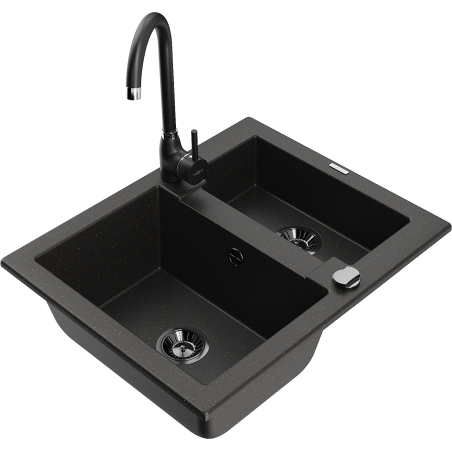 Mexen Carlos granite sink 1.5-bowl with Telma kitchen faucet, black/golden metallic - 6518-75-670200-70-B