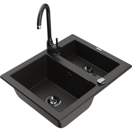 Mexen Carlos granite sink 1.5-bowl with Telma kitchen tap, black/gold metallic - 6518-75-670200-70-B