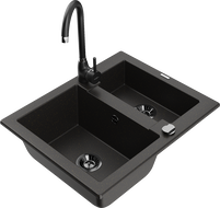 Mexen Carlos granite kitchen sink 1.5-bowl with Telma kitchen faucet, black/golden metallic - 6518-75-670200-70-B