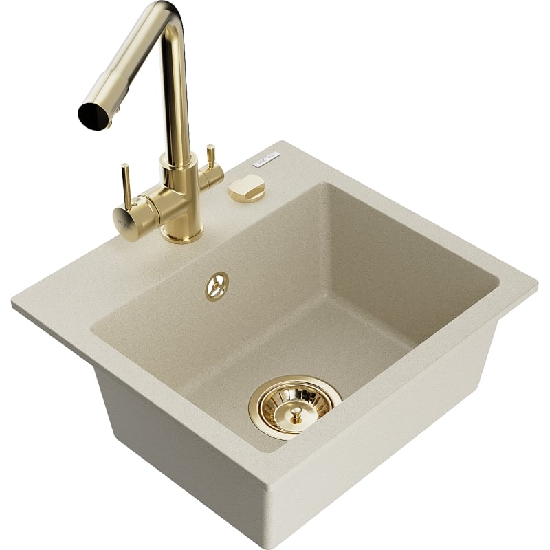 Mexen Milo granite kitchen sink 1-bowl with Duero kitchen faucet, beige - 6505-69-671600-50
