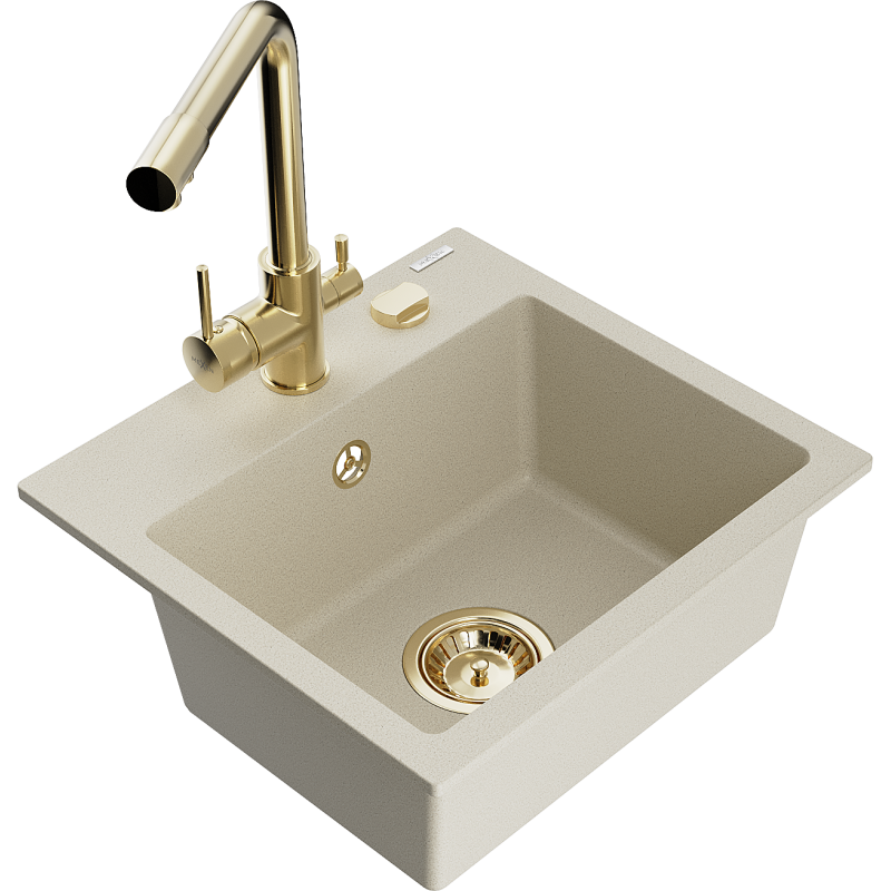 Mexen Milo granite sink 1-bowl with Duero kitchen tap, beige - 6505-69-671600-50