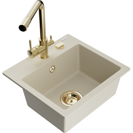 Mexen Milo granite sink 1-bowl with Duero kitchen tap, beige - 6505-69-671600-50