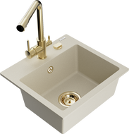 Mexen Milo granite sink 1-bowl with Duero kitchen tap, beige - 6505-69-671600-50