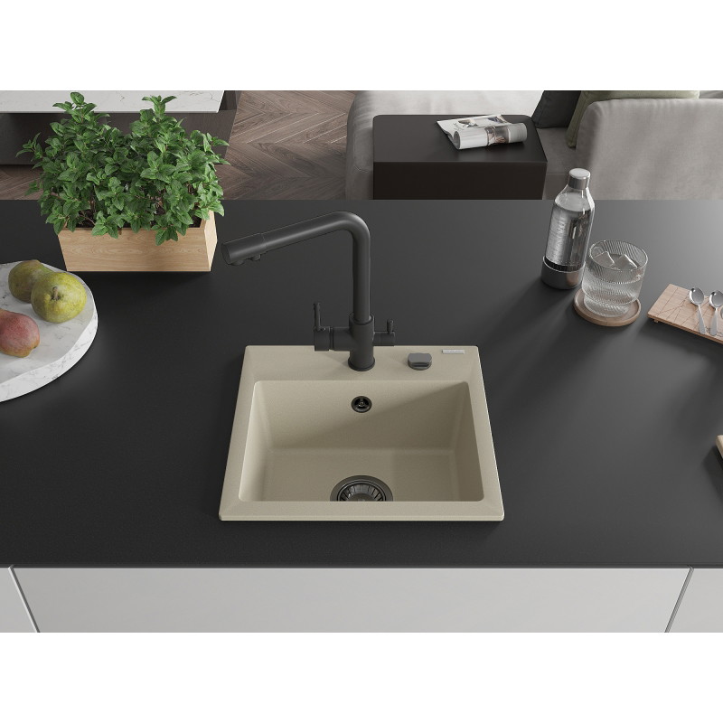 Mexen Milo 1-bowl granite kitchen sink with Duero faucet, beige - 6505-69-671600-70