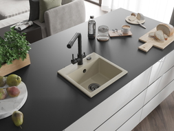 Mexen Milo 1-bowl granite sink with Duero kitchen faucet, beige - 6505-69-671600-70