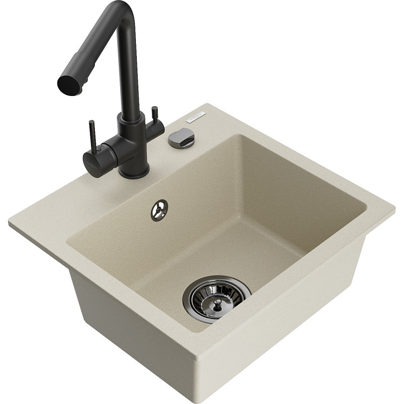 Mexen Milo 1-bowl granite sink with Duero kitchen faucet, beige - 6505-69-671600-70