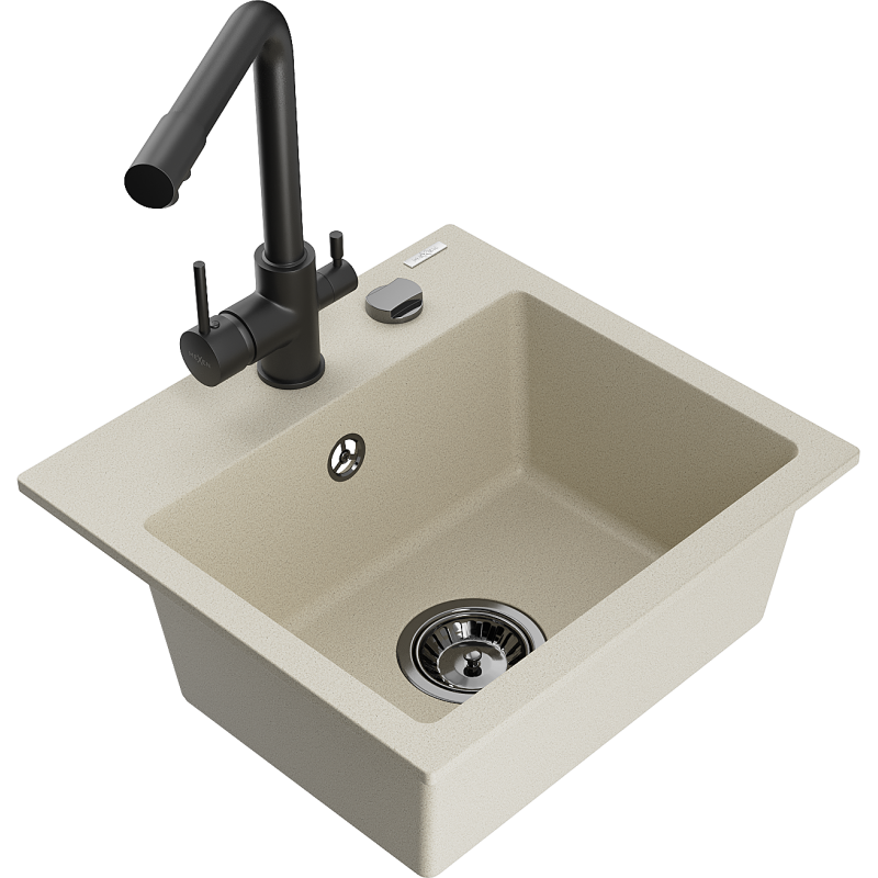 Mexen Milo 1-bowl granite sink with Duero kitchen tap, beige - 6505-69-671600-70