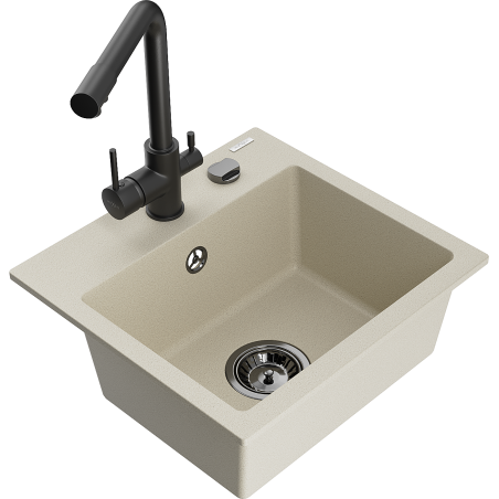 Mexen Milo 1-bowl granite kitchen sink with Duero faucet, beige - 6505-69-671600-70