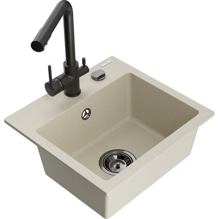 Mexen Milo 1-bowl granite sink with Duero kitchen faucet, beige - 6505-69-671600-70
