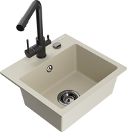 Mexen Milo 1-bowl granite sink with Duero kitchen faucet, beige - 6505-69-671600-70