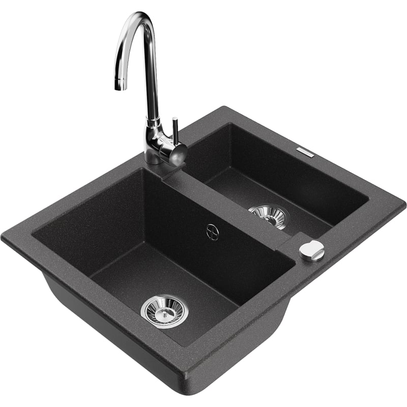 Mexen Carlos 1.5-bowl granite sink with Telma kitchen faucet, speckled black - 6518-76-670200-00