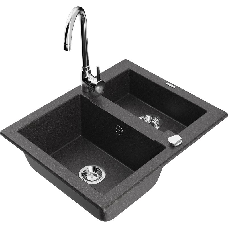 Mexen Carlos 1.5-bowl granite sink with Telma kitchen tap, black speckled - 6518-76-670200-00