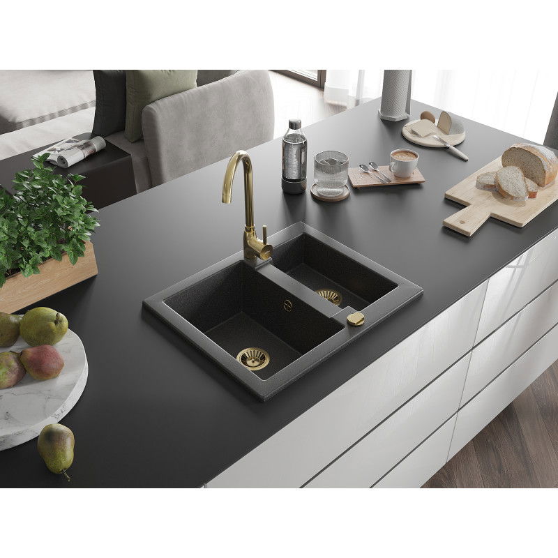 Mexen Carlos granite sink 1.5-bowl with Telma kitchen tap, speckled black - 6518-76-670200-50