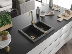 Mexen Carlos granite sink 1.5-bowl with Telma kitchen tap, speckled black - 6518-76-670200-50