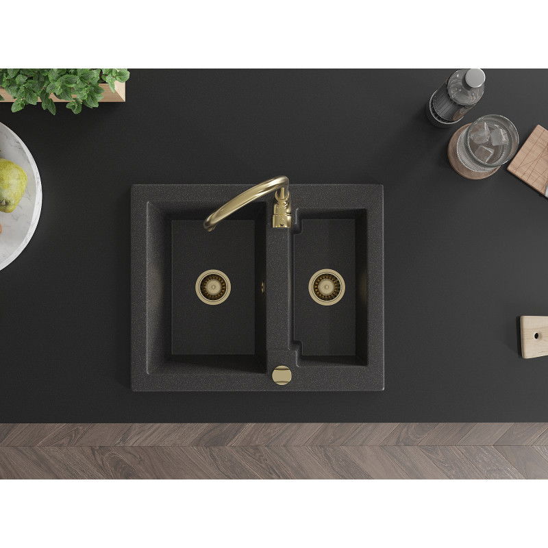 Mexen Carlos granite sink 1.5-bowl with Telma kitchen tap, speckled black - 6518-76-670200-50