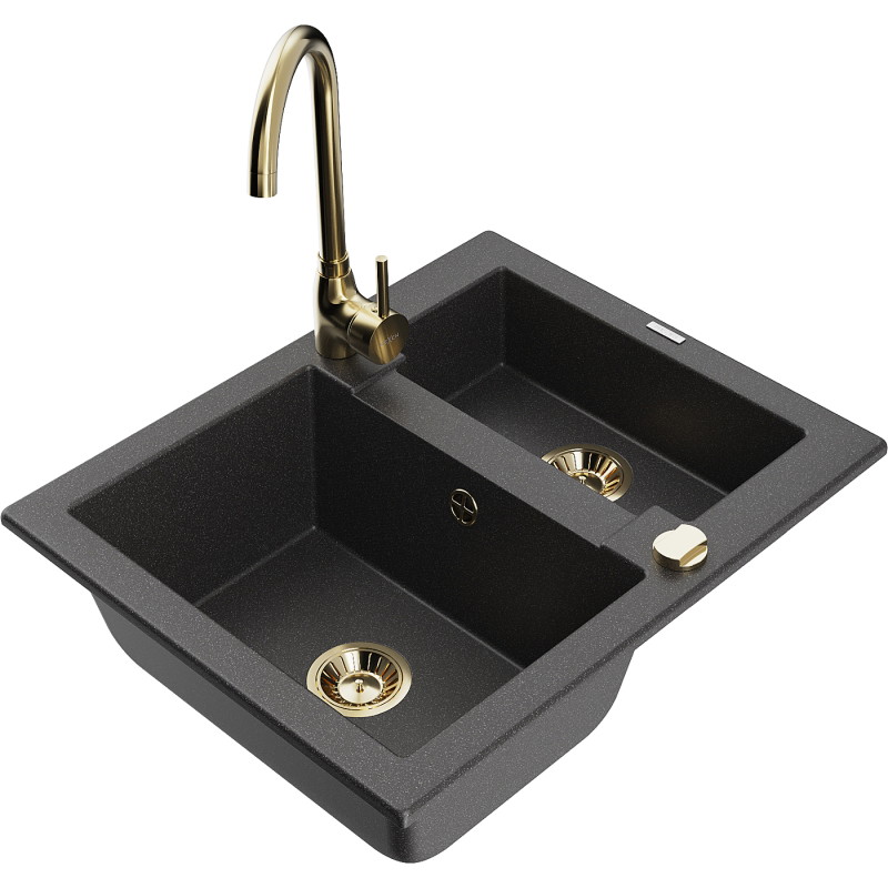 Mexen Carlos granite kitchen sink 1.5-bowl with Telma kitchen faucet, black speckled - 6518-76-670200-50