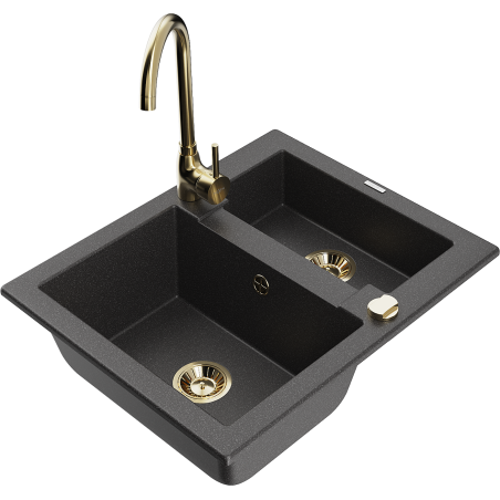 Mexen Carlos 1.5-bowl granite sink with Telma kitchen faucet, black speckled - 6518-76-670200-50
