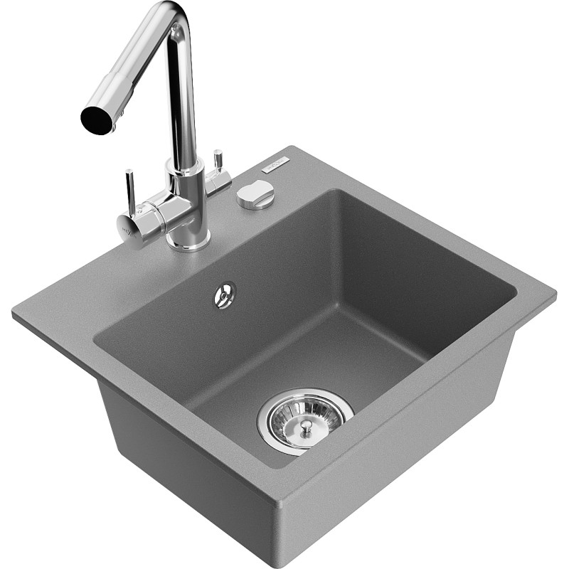 Mexen Milo 1-bowl granite sink with Duero kitchen faucet, gray - 6505-71-671600-00