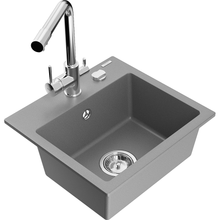 Mexen Milo 1-bowl granite sink with Duero kitchen faucet, gray - 6505-71-671600-00