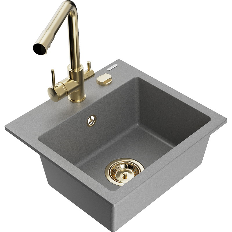 Mexen Milo granite kitchen sink 1-bowl with Duero kitchen faucet, gray - 6505-71-671600-50