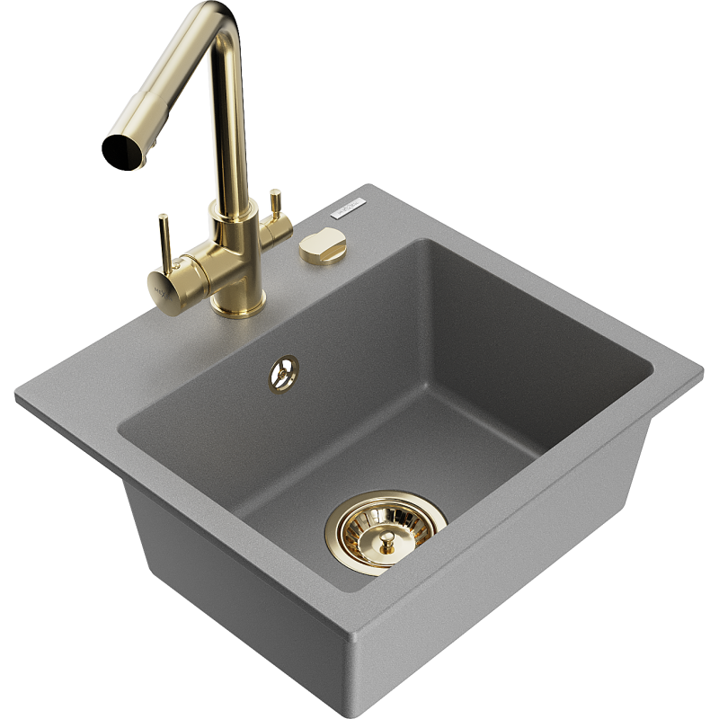 Mexen Milo granite sink 1-bowl with Duero kitchen tap, grey - 6505-71-671600-50