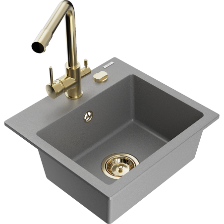 Mexen Milo granite kitchen sink 1-bowl with Duero kitchen faucet, gray - 6505-71-671600-50
