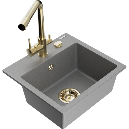 Mexen Milo single-bowl granite sink with Duero kitchen faucet, gray - 6505-71-671600-50
