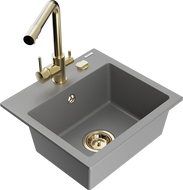 Mexen Milo 1-compartment granite sink with a kitchen mixer tap Duero, Grey - 6505-71-671600-50