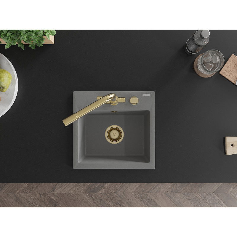 Mexen Milo granite sink 1-bowl with Duero kitchen tap, grey - 6505-71-671600-50