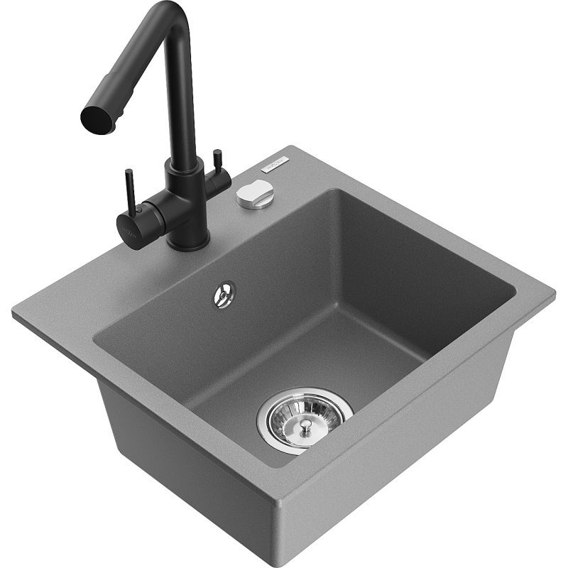 Mexen Milo 1-compartment granite sink with a kitchen mixer tap Duero, Grey - 6505-71-671600-70