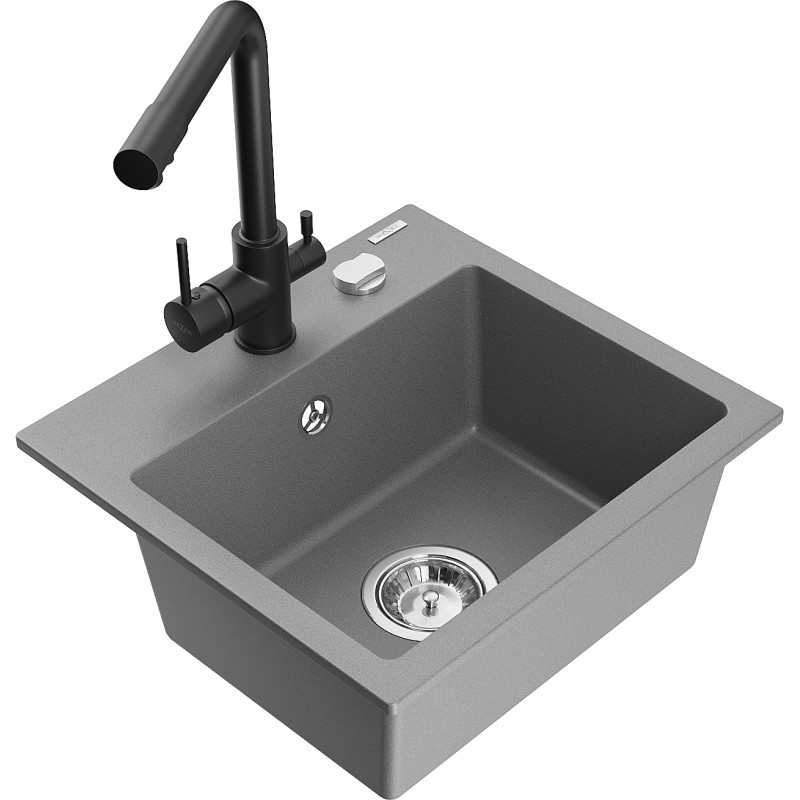 Mexen Milo granite kitchen sink 1-bowl with Duero kitchen faucet, gray - 6505-71-671600-70