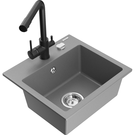 Mexen Milo 1-compartment granite sink with a kitchen mixer tap Duero, Grey - 6505-71-671600-70