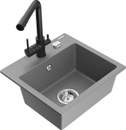 Mexen Milo 1-compartment granite sink with a kitchen mixer tap Duero, Grey - 6505-71-671600-70