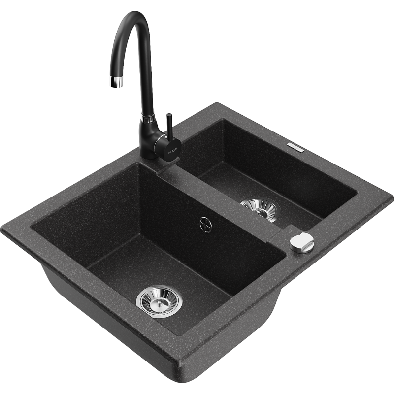 Mexen Carlos 1,5-compartment granite sink with a kitchen mixer tap Telma, spotted black - 6518-76-670200-70