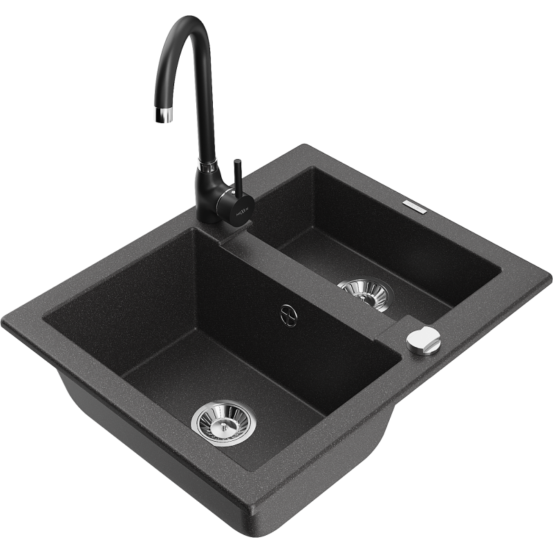 Mexen Carlos granite sink 1.5-bowl with Telma kitchen tap, black speckled - 6518-76-670200-70