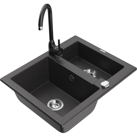 Mexen Carlos 1,5-compartment granite sink with a kitchen mixer tap Telma, spotted black - 6518-76-670200-70