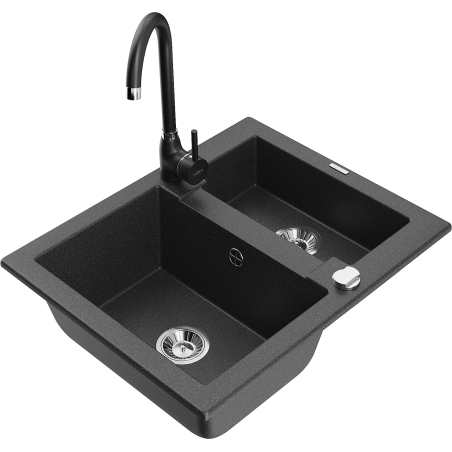Mexen Carlos granite sink 1.5-bowl with Telma kitchen faucet, speckled black - 6518-76-670200-70