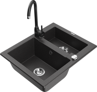 Mexen Carlos granite sink 1.5-bowl with Telma kitchen tap, black speckled - 6518-76-670200-70
