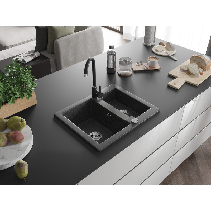 Mexen Carlos granite sink 1.5-bowl with Telma kitchen faucet, speckled black - 6518-76-670200-70