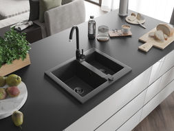 Mexen Carlos granite sink 1.5-bowl with Telma kitchen faucet, speckled black - 6518-76-670200-70-B