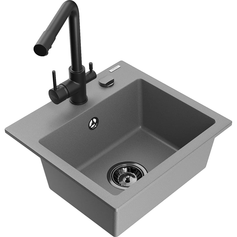 Mexen Milo 1-bowl granite sink with Duero kitchen faucet, gray - 6505-71-671600-70-B