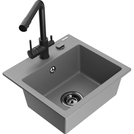 Mexen Milo 1-bowl granite sink with Duero kitchen faucet, gray - 6505-71-671600-70-B